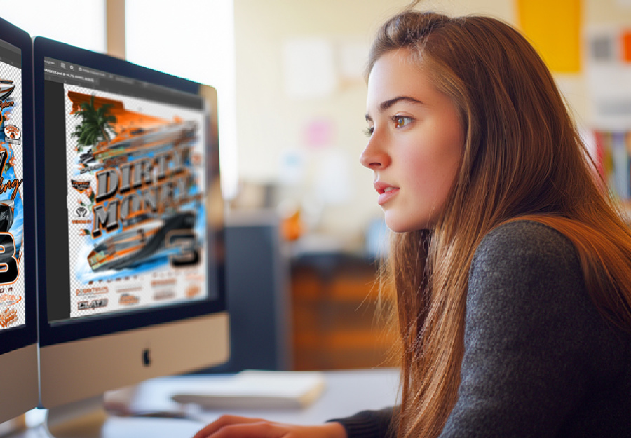 A young woman working on graphic design.