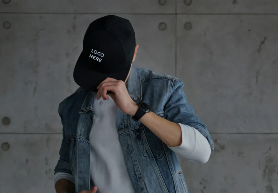 A guy wearing a custom logo hat.